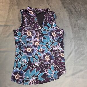 Spense Womens Purple Teal Floral Mixed Media Sleeveless Blouse Top Size M